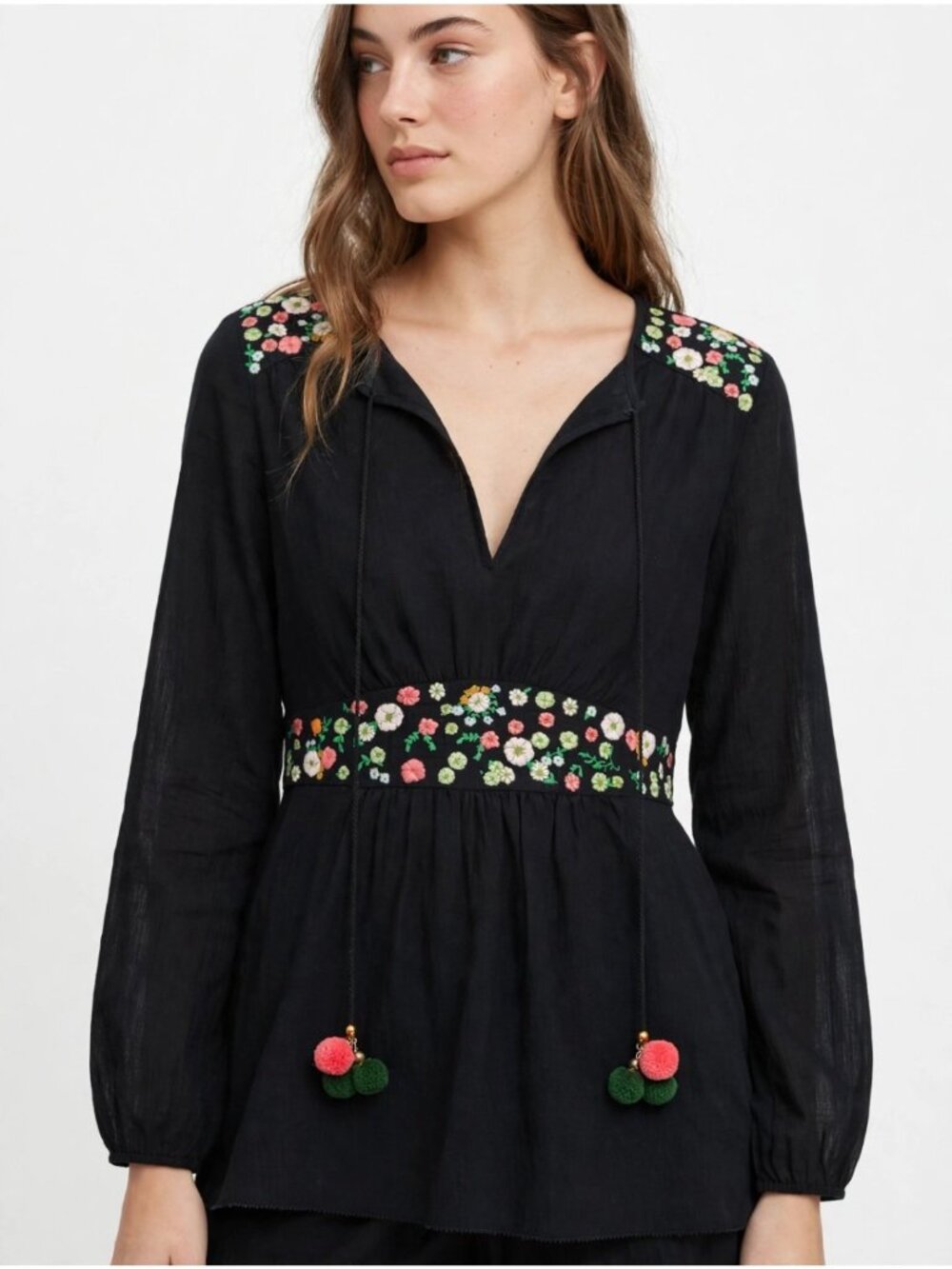 Tory Burch Embroidered Floral Peasant Tunic Women's Size 2 XS Boho Pom Pom Ties